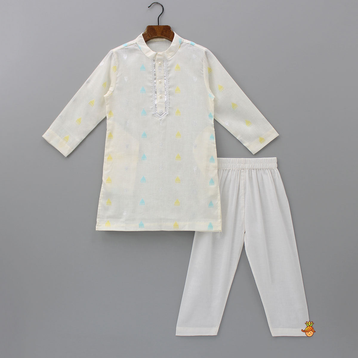 Pre Order: Ethnic Ivory Kurta And Pyjama With Floral Printed Jacket