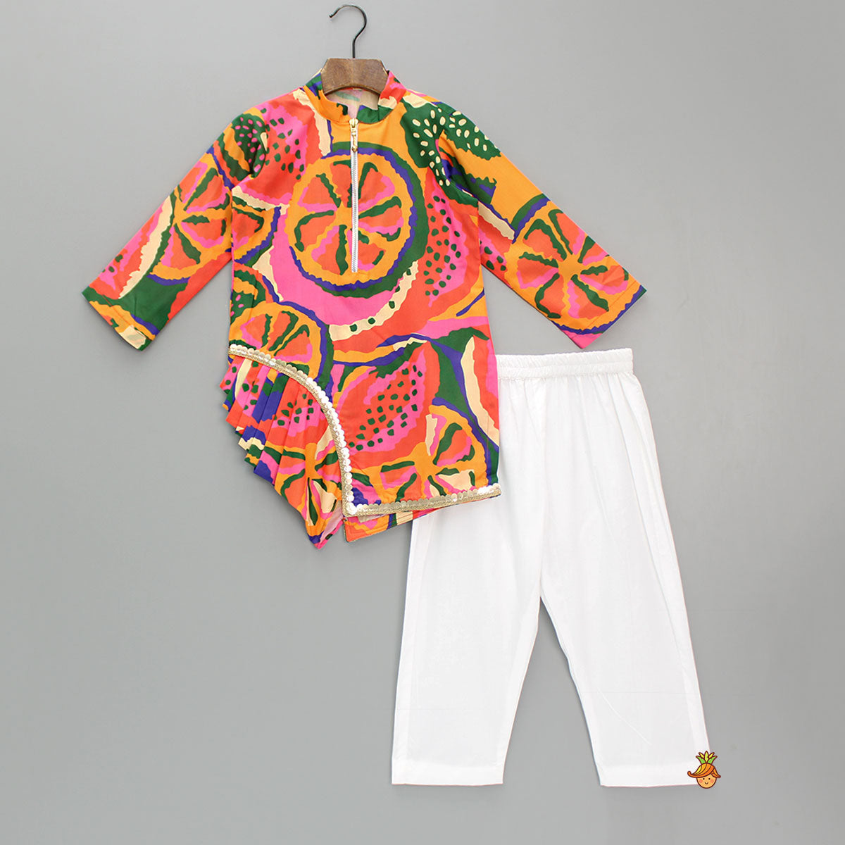 Pre Order: Pleated Stylish Hem Multicolour Kurta And Pyjama