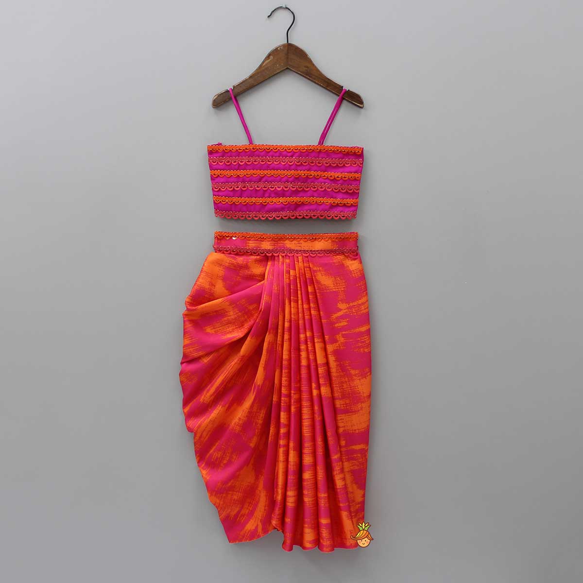Pre Order: Dual-Colour Top And Stylish Dhoti Skirt With Matching Cape And Hairband