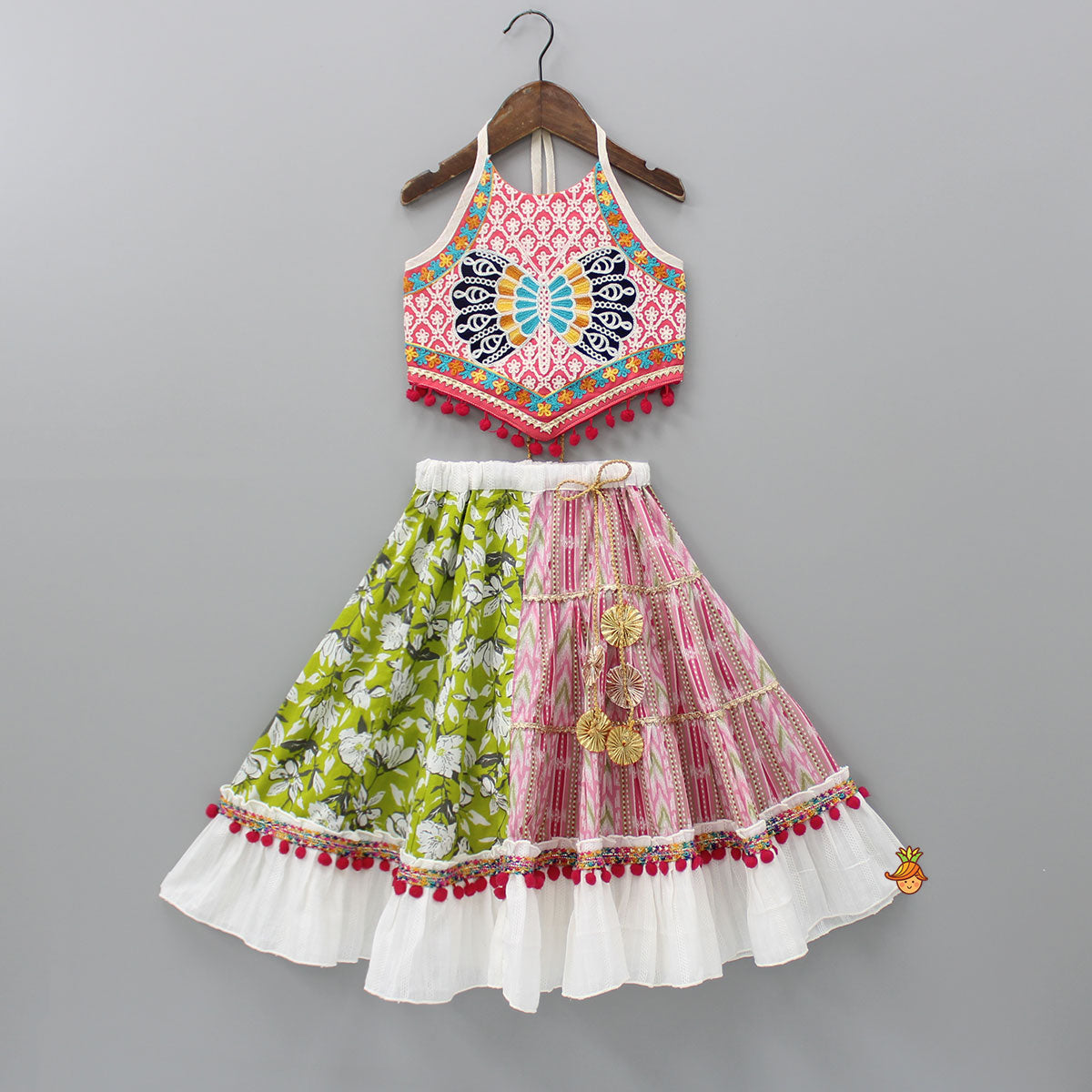 Halter Neck Thread Embroidered Top And Frilly Hem Multicolour Lehenga