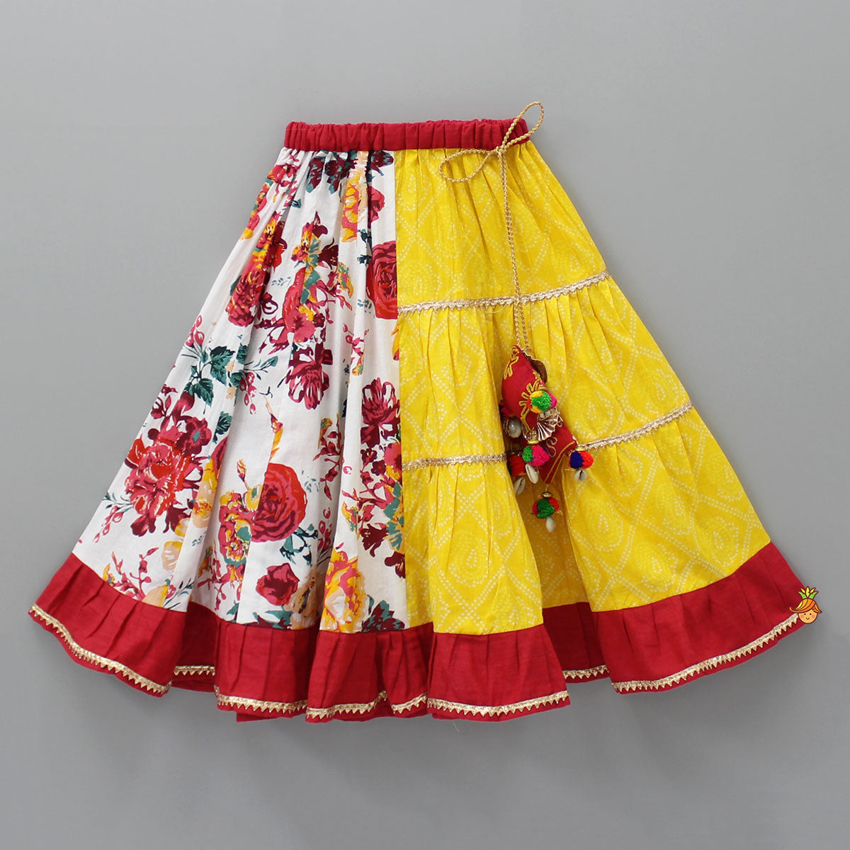 Thread-Embroidered Halter Neck Top And Multi-Printed Lehenga