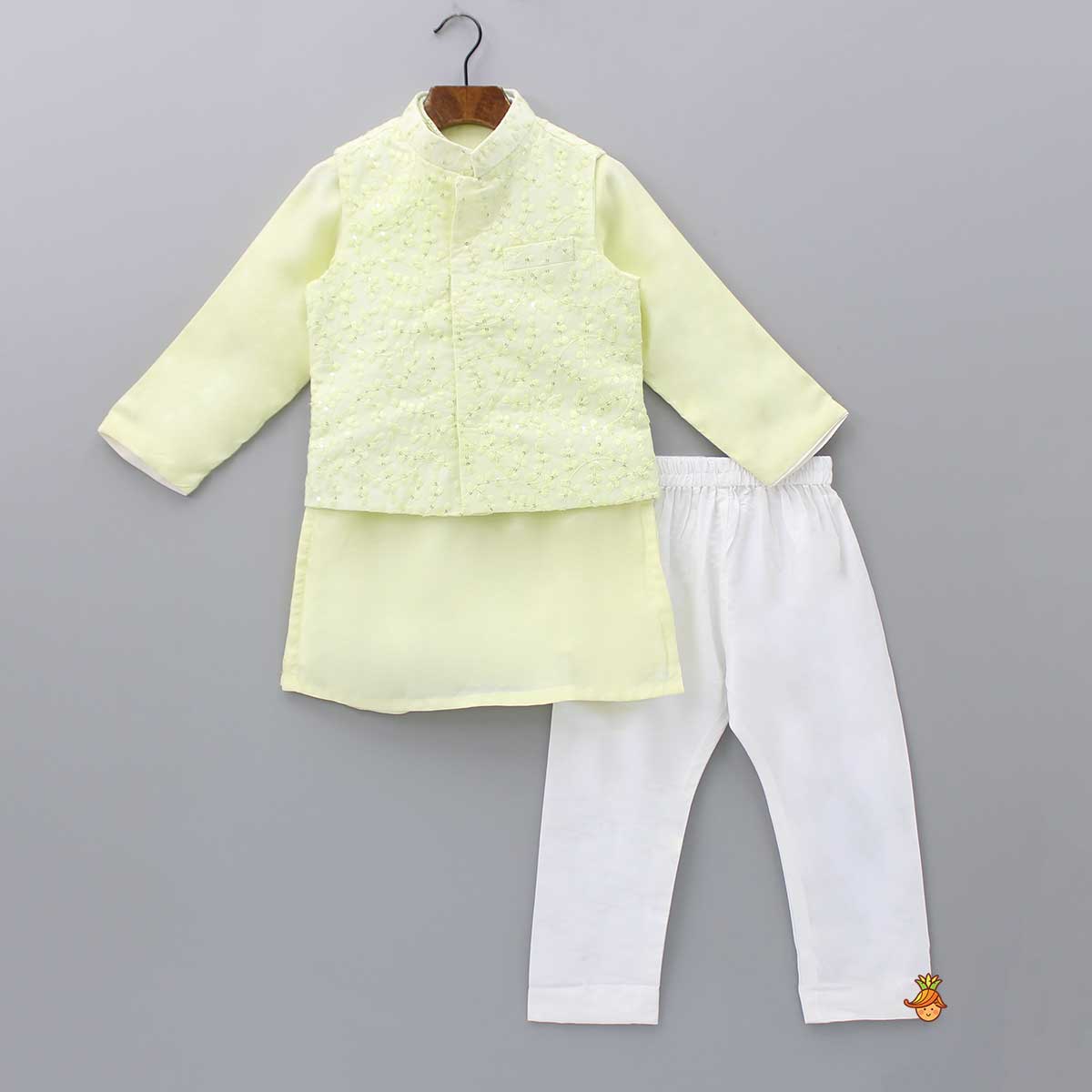 Pre Order: Yellow Kurta And Embroidered Jacket With Pyjama