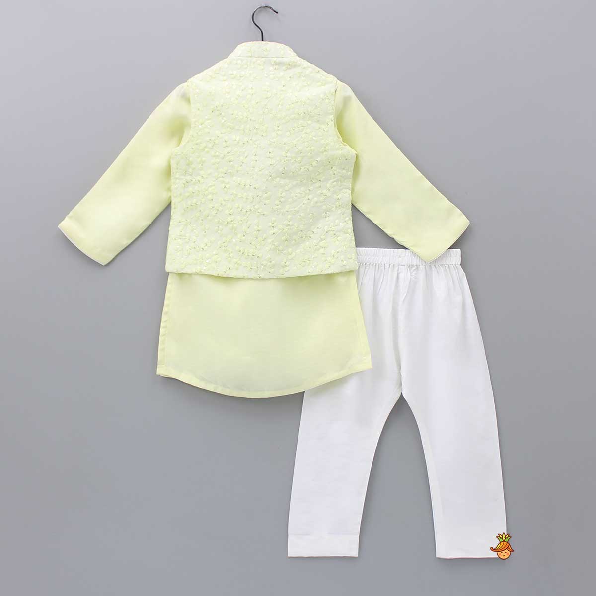 Pre Order: Yellow Kurta And Embroidered Jacket With Pyjama