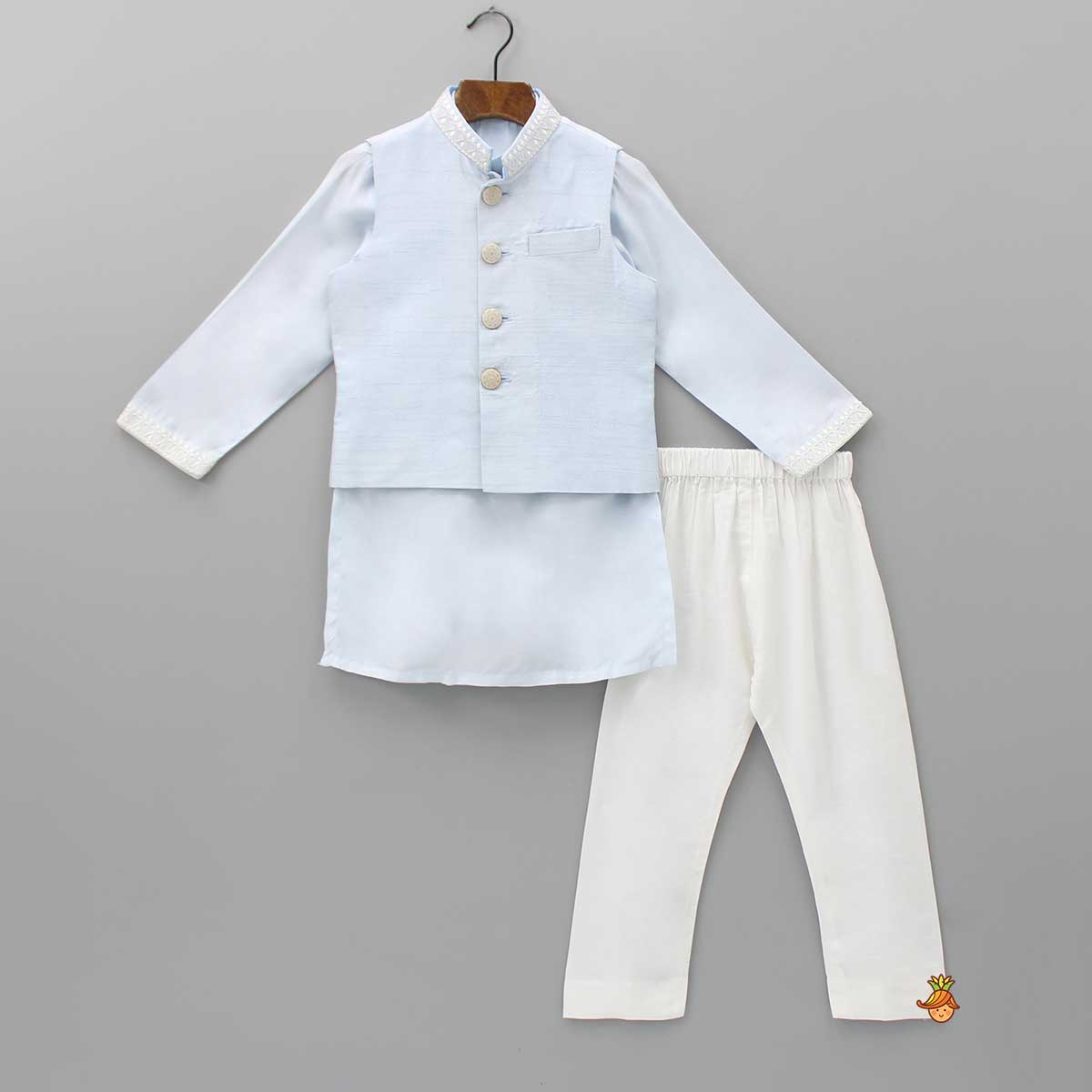 Pre Order: Ethnic Blue Kurta And Matching Jacket With Pyjama