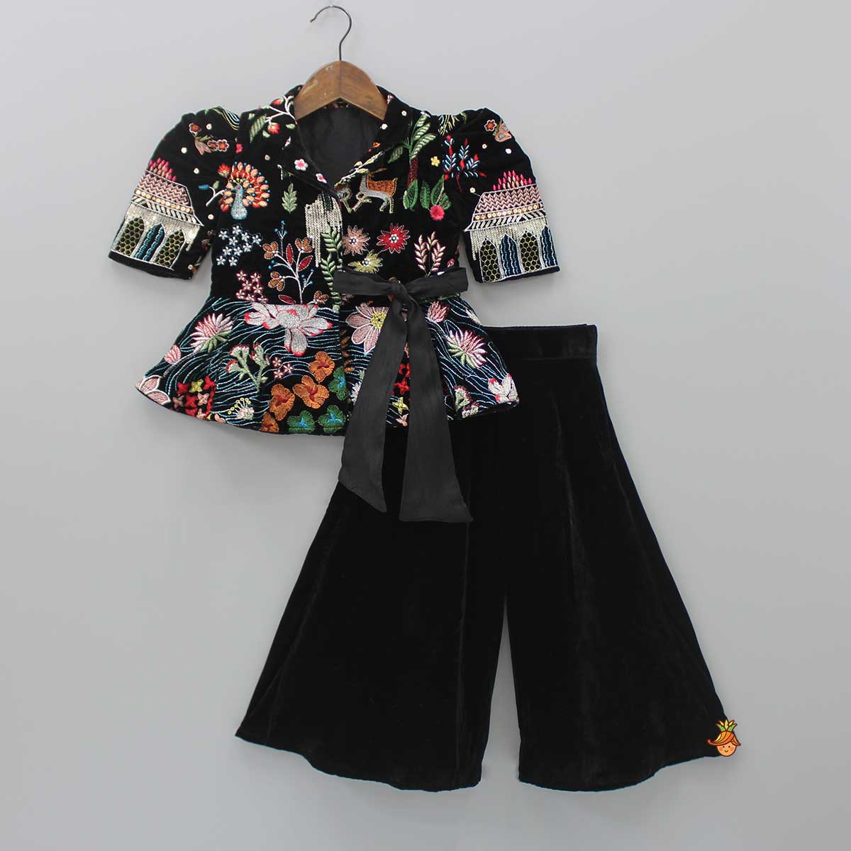 Pre Order: Embroidered Velvet Black Top And Flared Palazzo