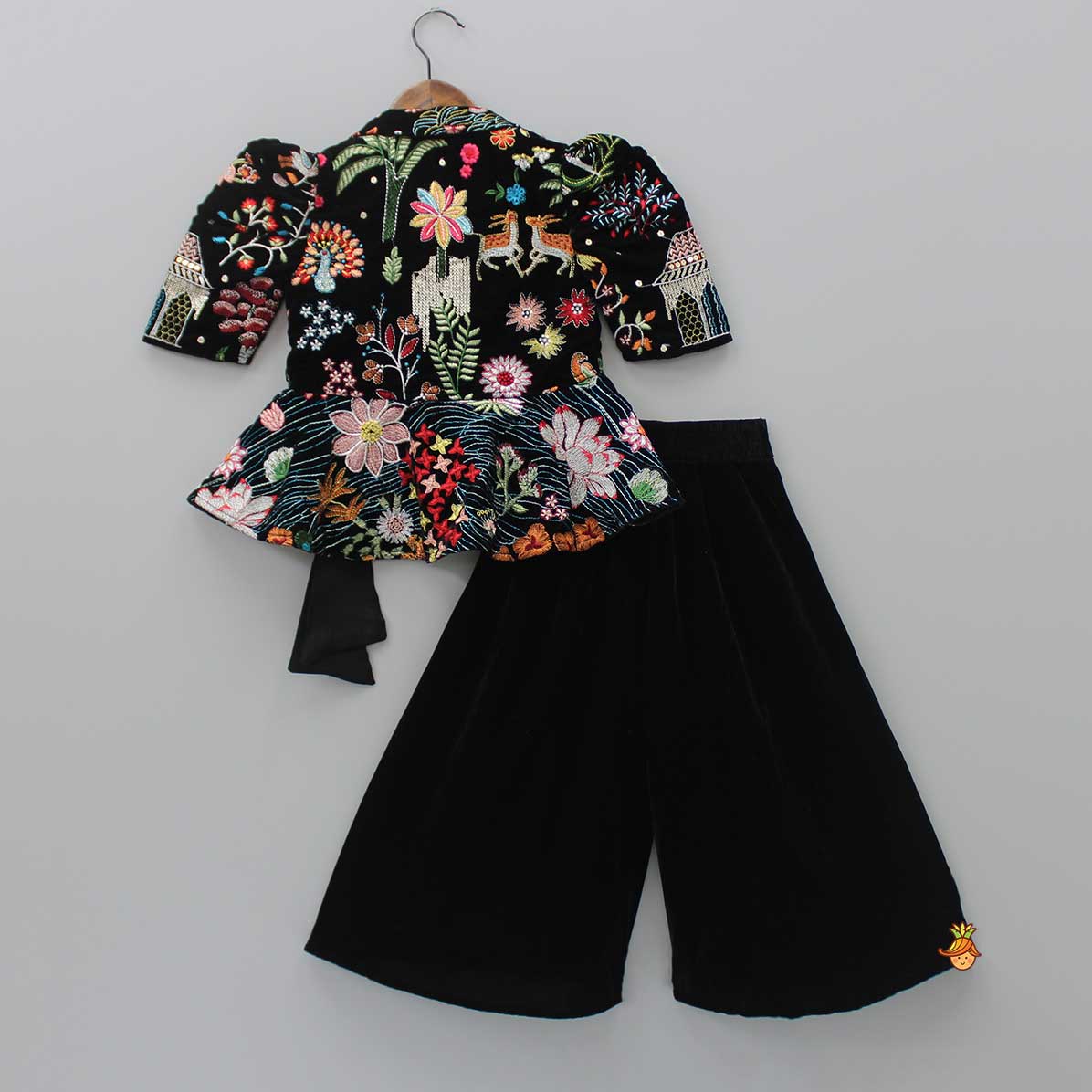 Pre Order: Embroidered Velvet Black Top And Flared Palazzo