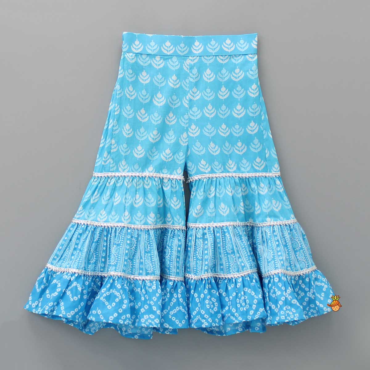 Pre Order: Gota Lace Detailed Yoke Blue Top And Sharara With Stylish Net Dupatta