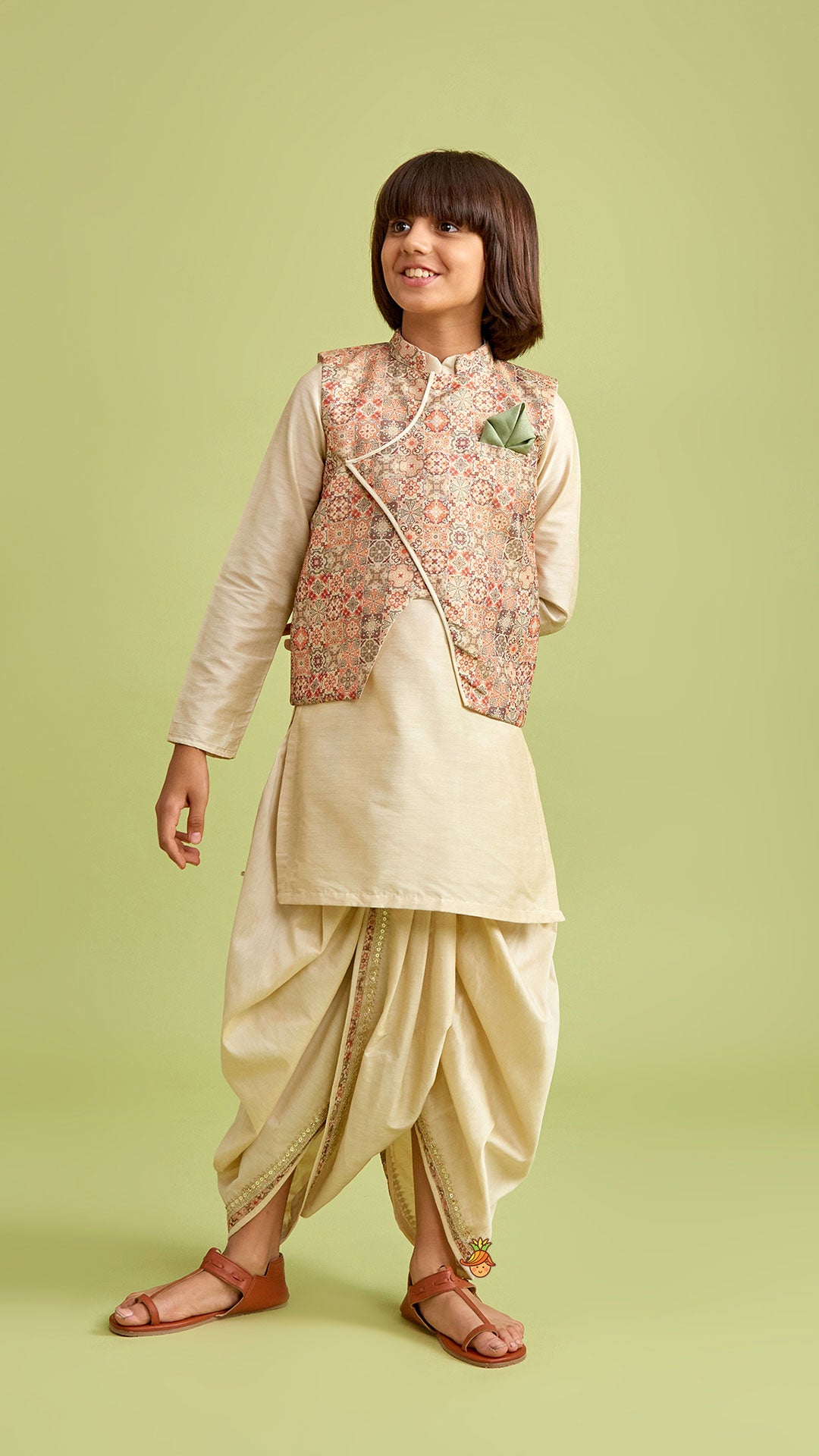 Pre Order: Beige Kurta And Stylish Jacket With Dhoti