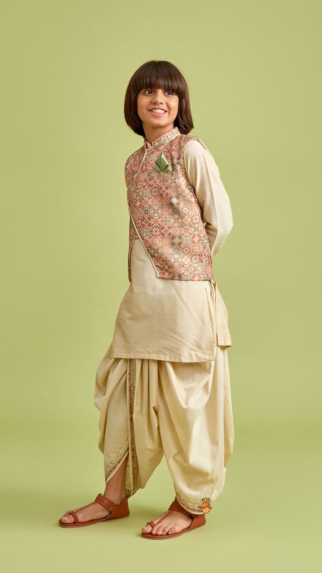 Pre Order: Beige Kurta And Stylish Jacket With Dhoti