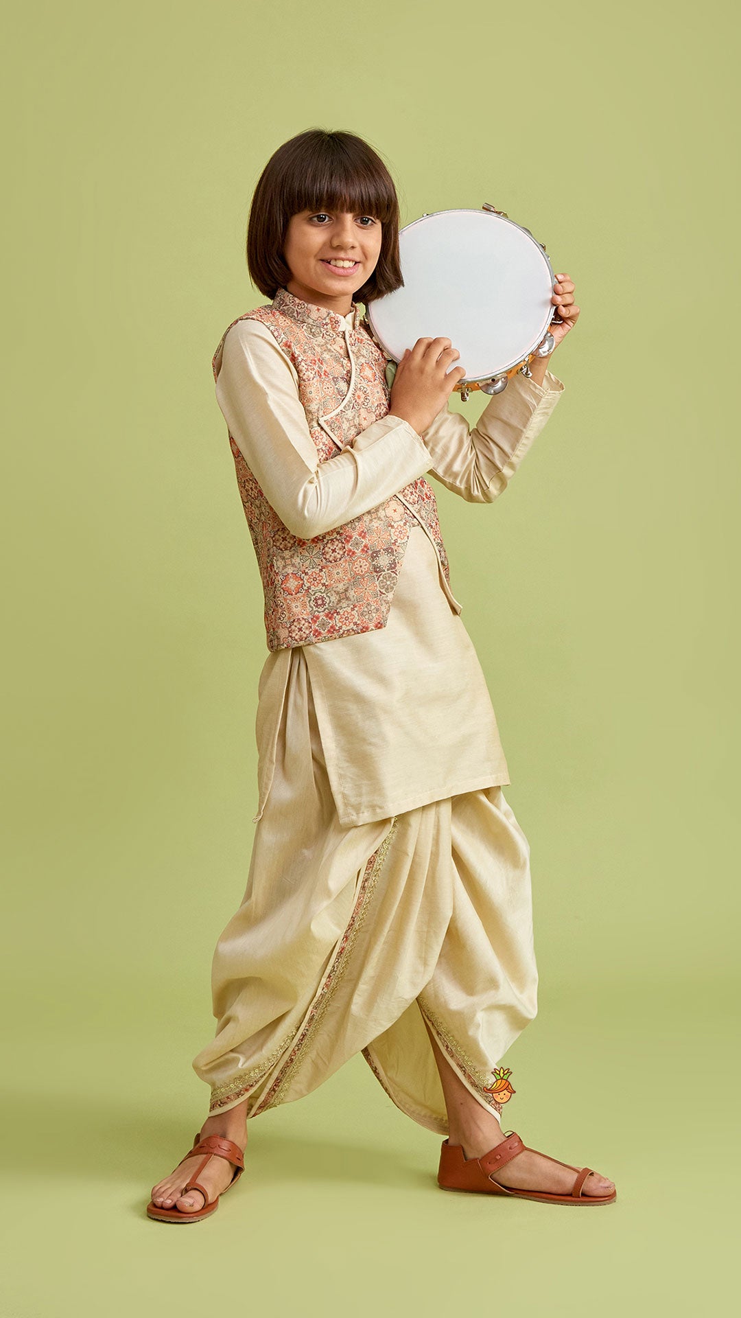 Pre Order: Beige Kurta And Stylish Jacket With Dhoti