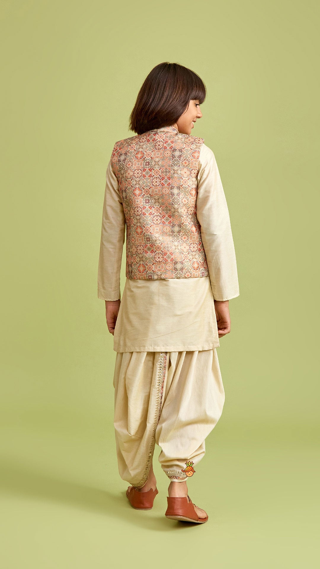 Pre Order: Beige Kurta And Stylish Jacket With Dhoti