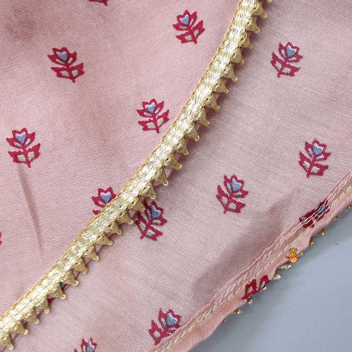 Pre Order: Gota Lacework Detail Pink Kurti And Printed Dhoti