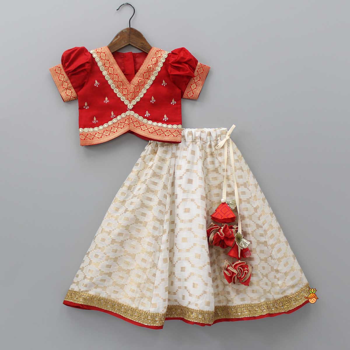 Pre Order: Embroidered Red Top And Brocade Lehenga