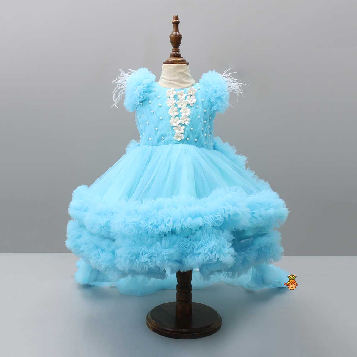 Pre Order: Pleated Yoke Blue Dress With Detachable Trail And Matching Headband