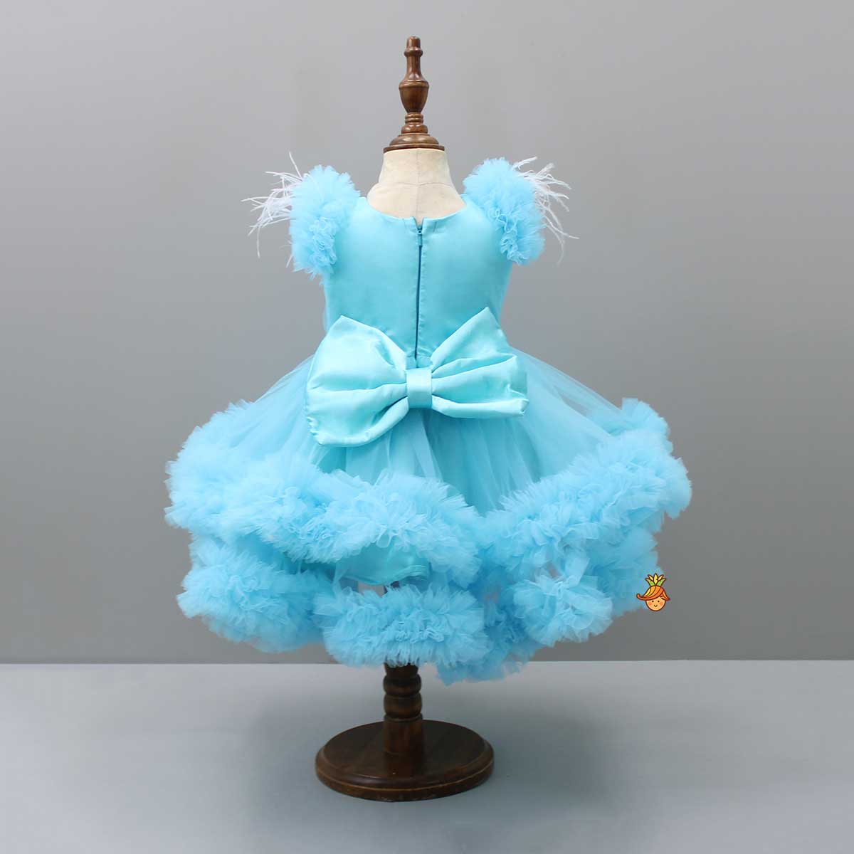Pre Order: Pleated Yoke Blue Dress With Detachable Trail And Matching Headband