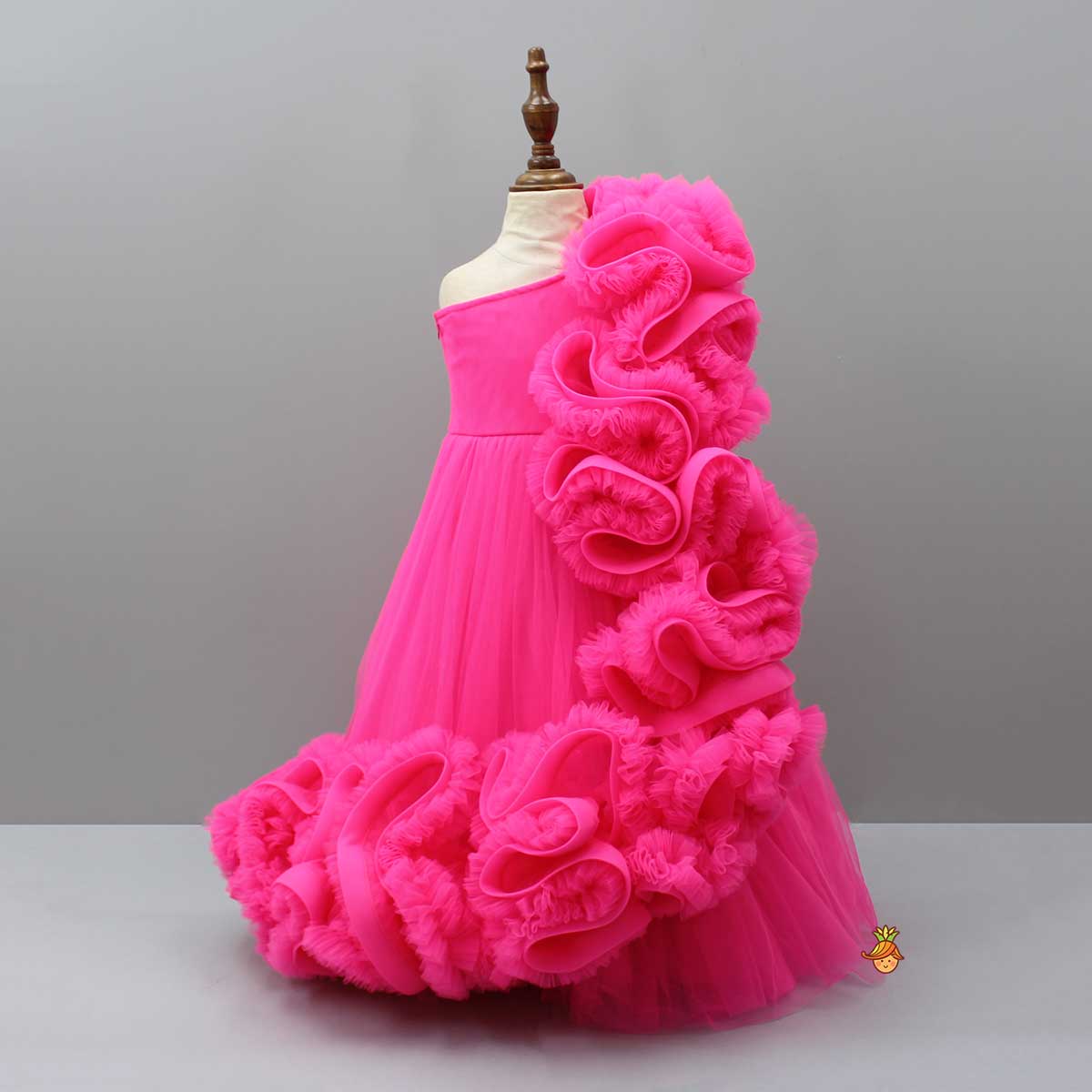 Pre Order: Pink One Shoulder Ruffle Net Gown