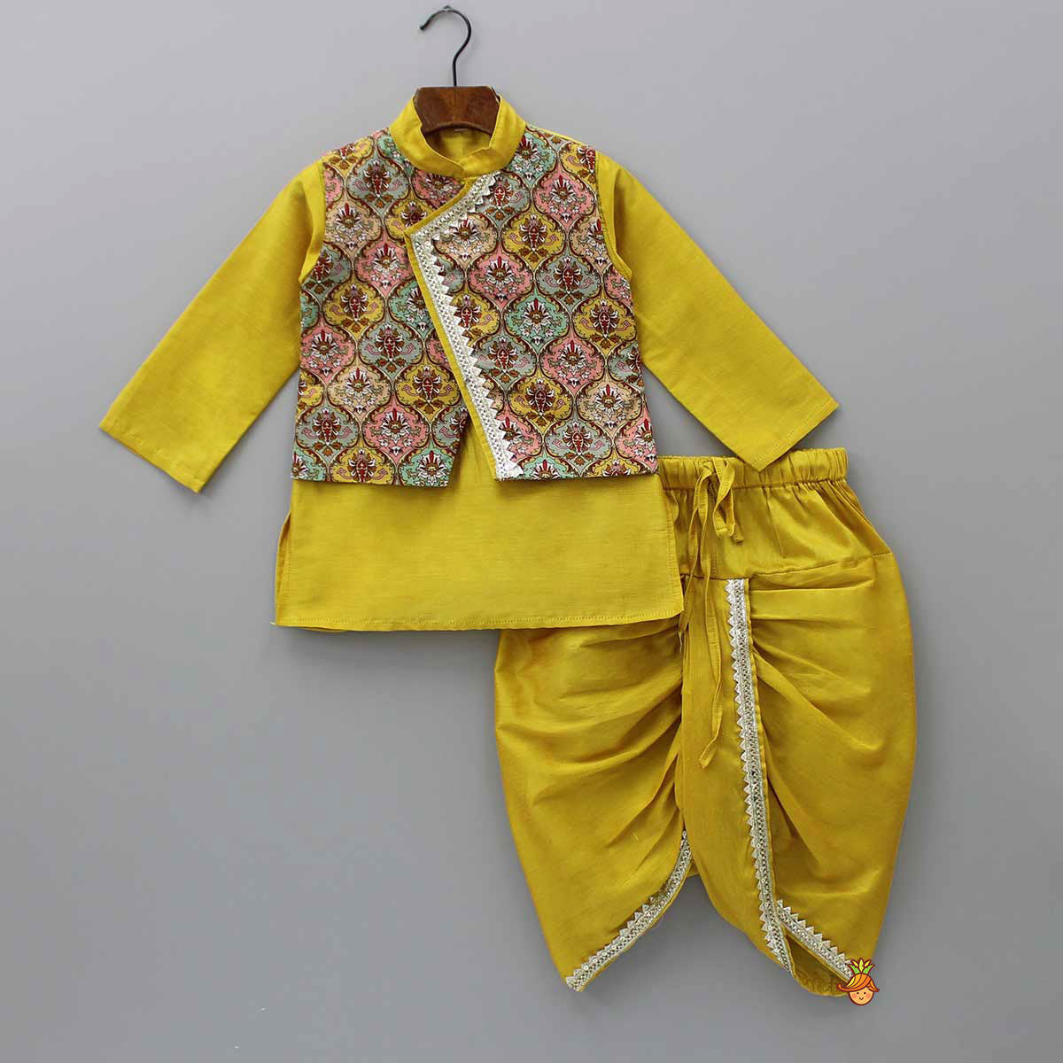 Pre Order: Mustard Kurta With Printed Flap Attached And Dhoti