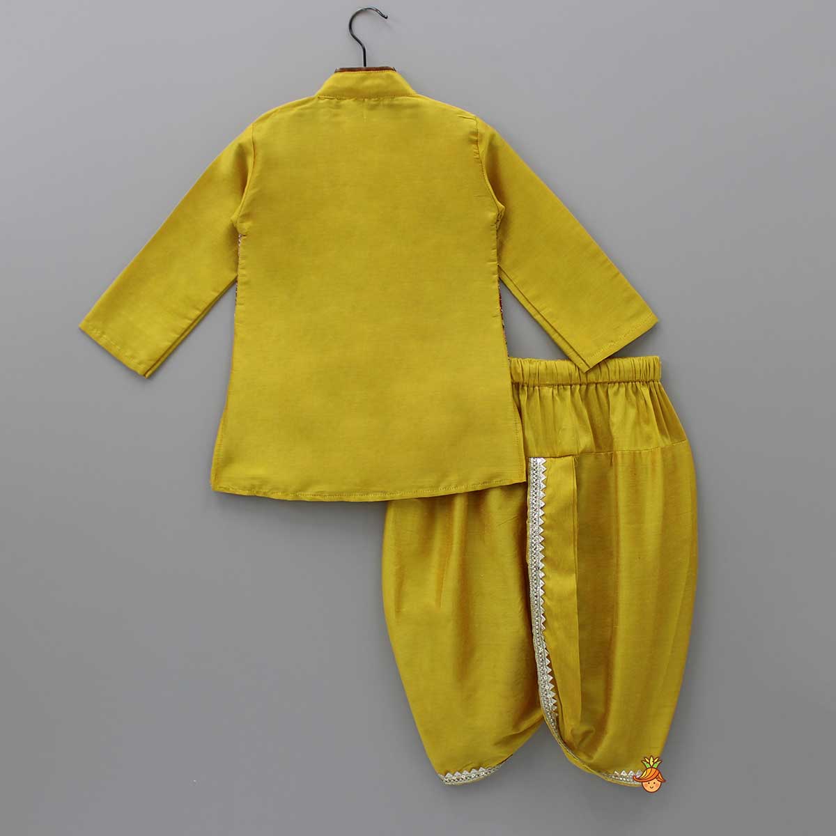 Pre Order: Mustard Kurta With Printed Flap Attached And Dhoti