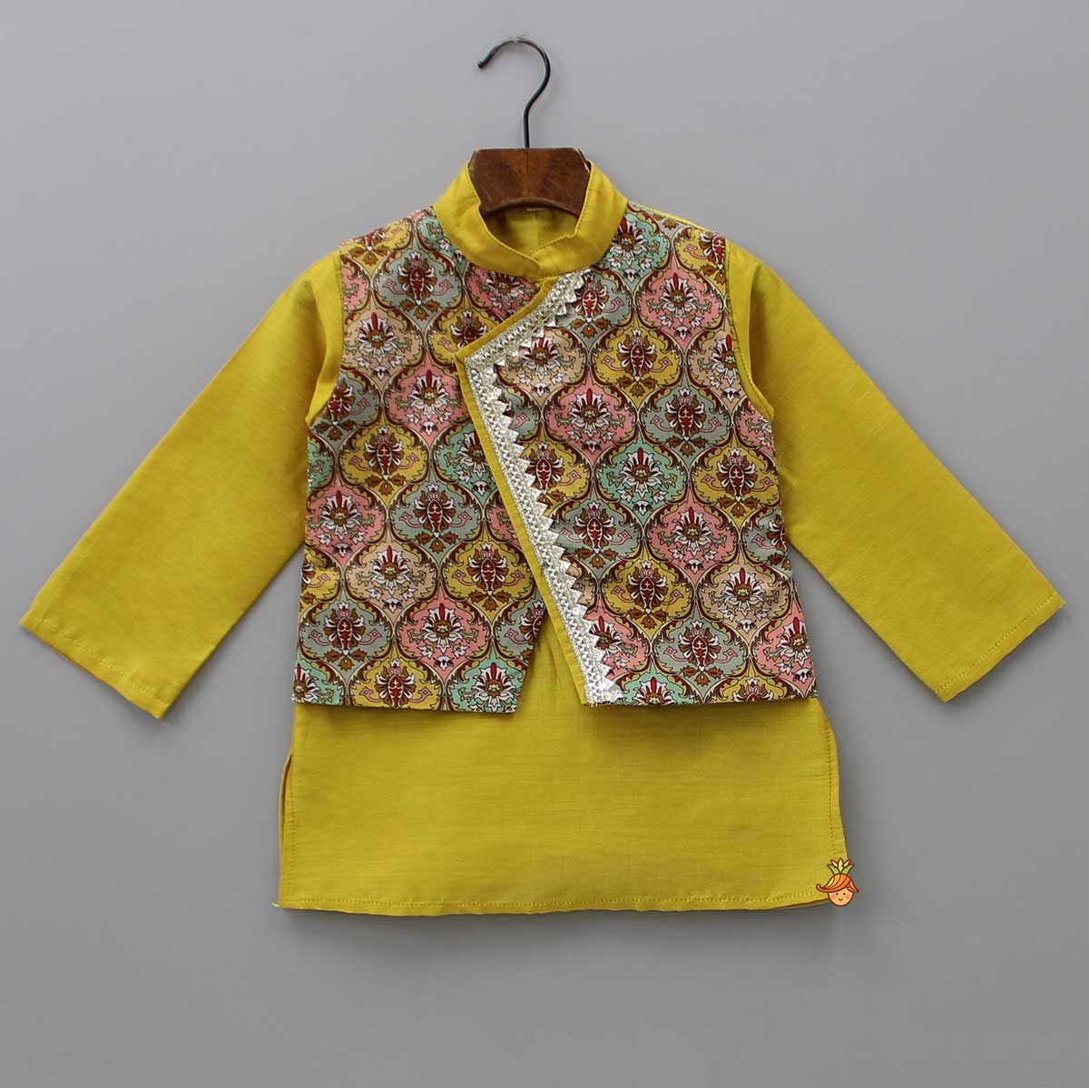 Pre Order: Mustard Kurta With Printed Flap Attached And Dhoti