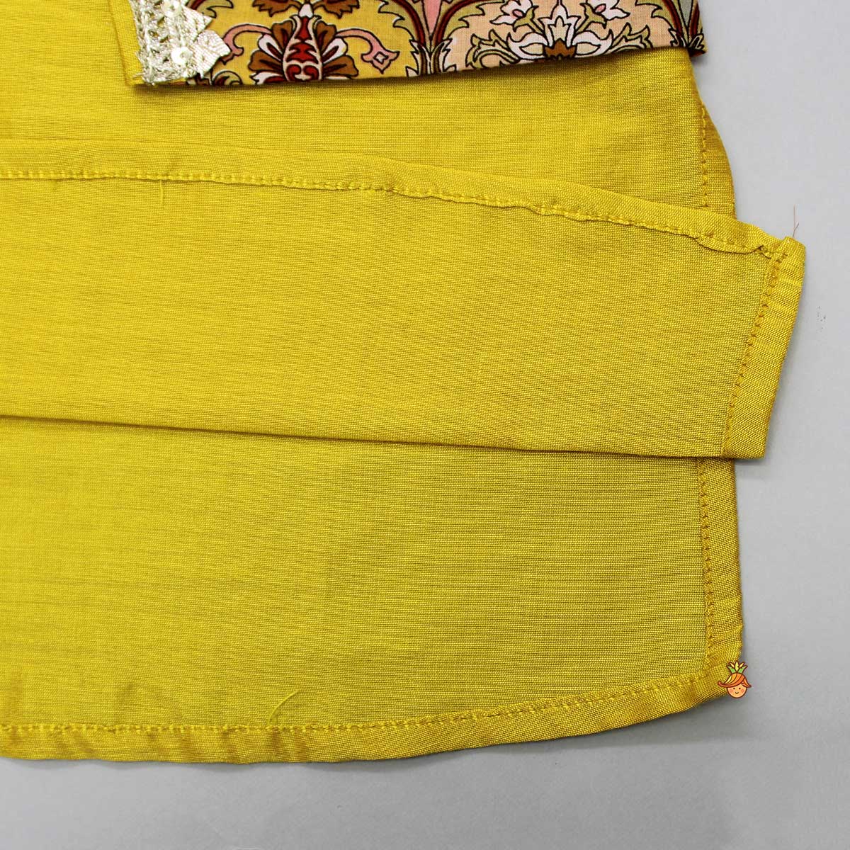 Pre Order: Mustard Kurta With Printed Flap Attached And Dhoti