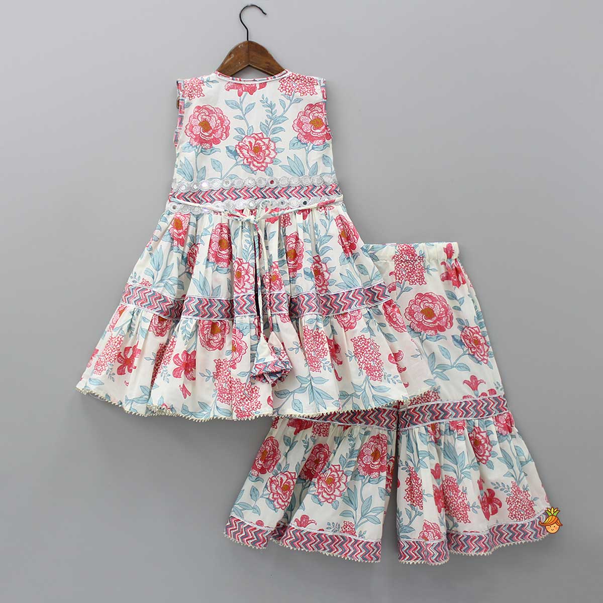 Pre Order: Embroidered Floral-Printed Tiered Kurti And Sharara