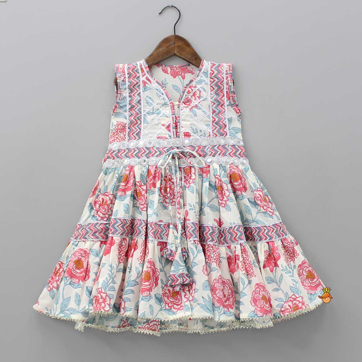 Pre Order: Embroidered Floral-Printed Tiered Kurti And Sharara
