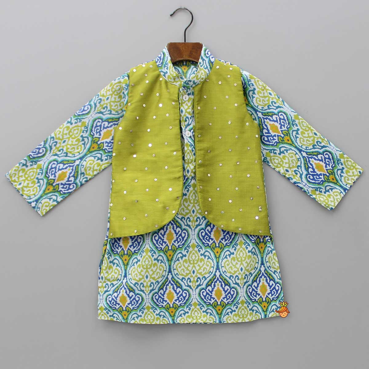 Pre Order: Multicolour Printed Jacket Style Kurta And Dhoti