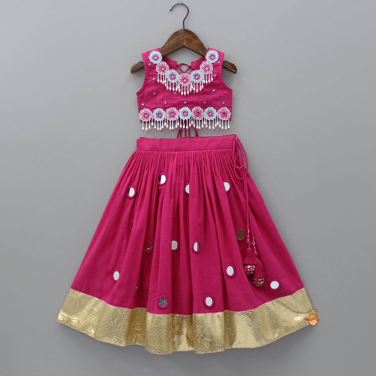 Pre Order: Pink Flowers Embroidered Top With Mirror Work Lehenga