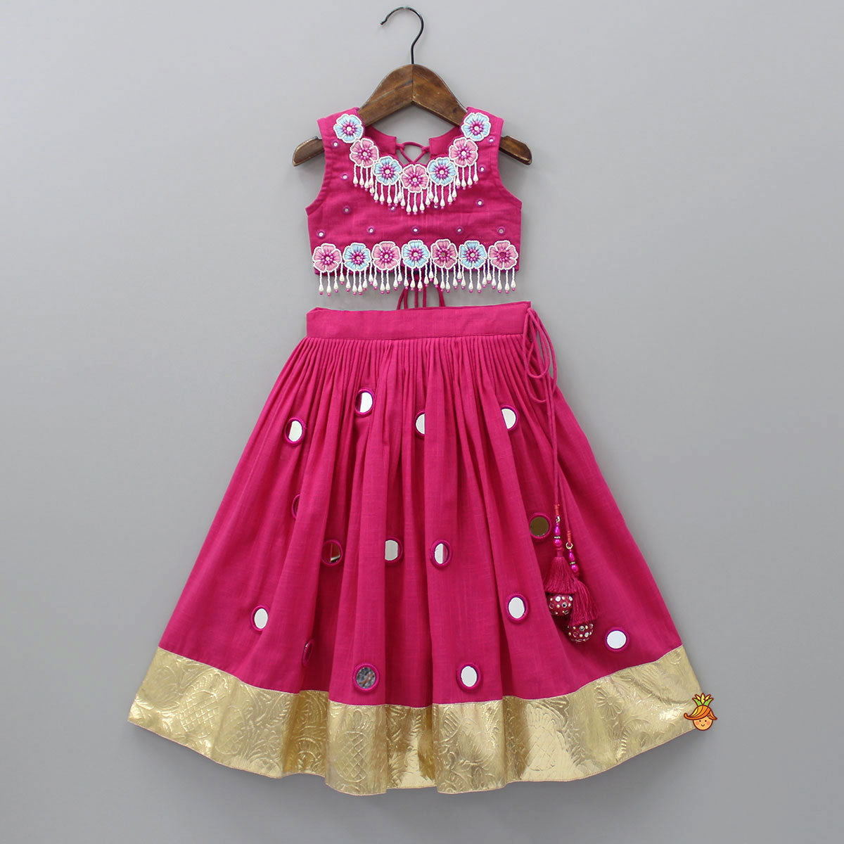 Pre Order: Pink Flowers Hand Embroidered Top With Mirror Work Lehenga