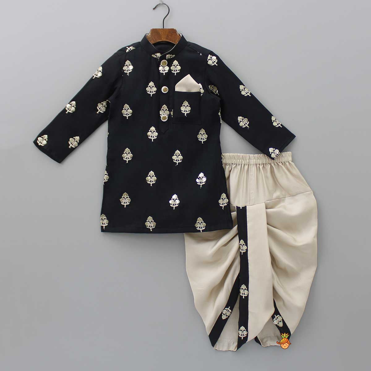 Pre Order: Embroidered Black Kurta And Beige Dhoti