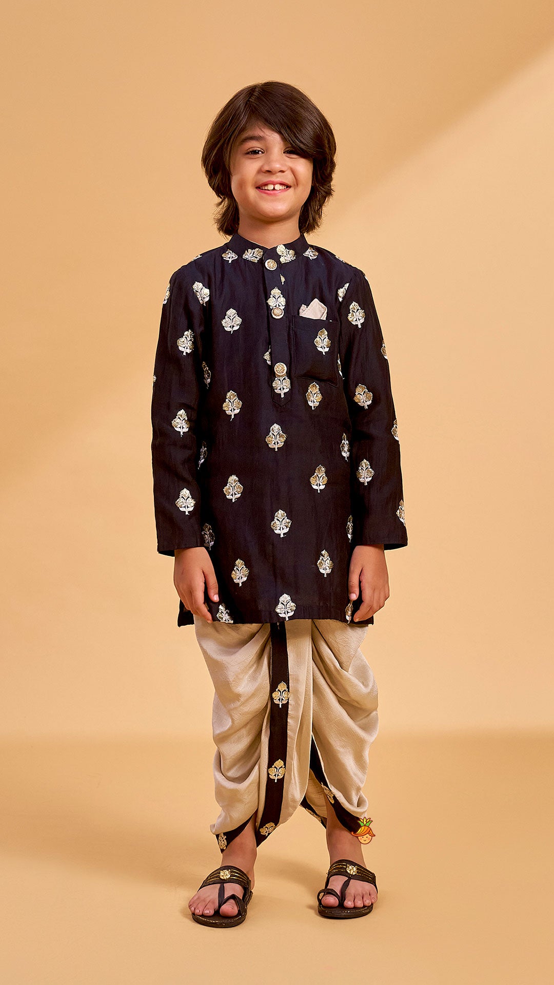 Pre Order: Embroidered Black Kurta And Beige Dhoti