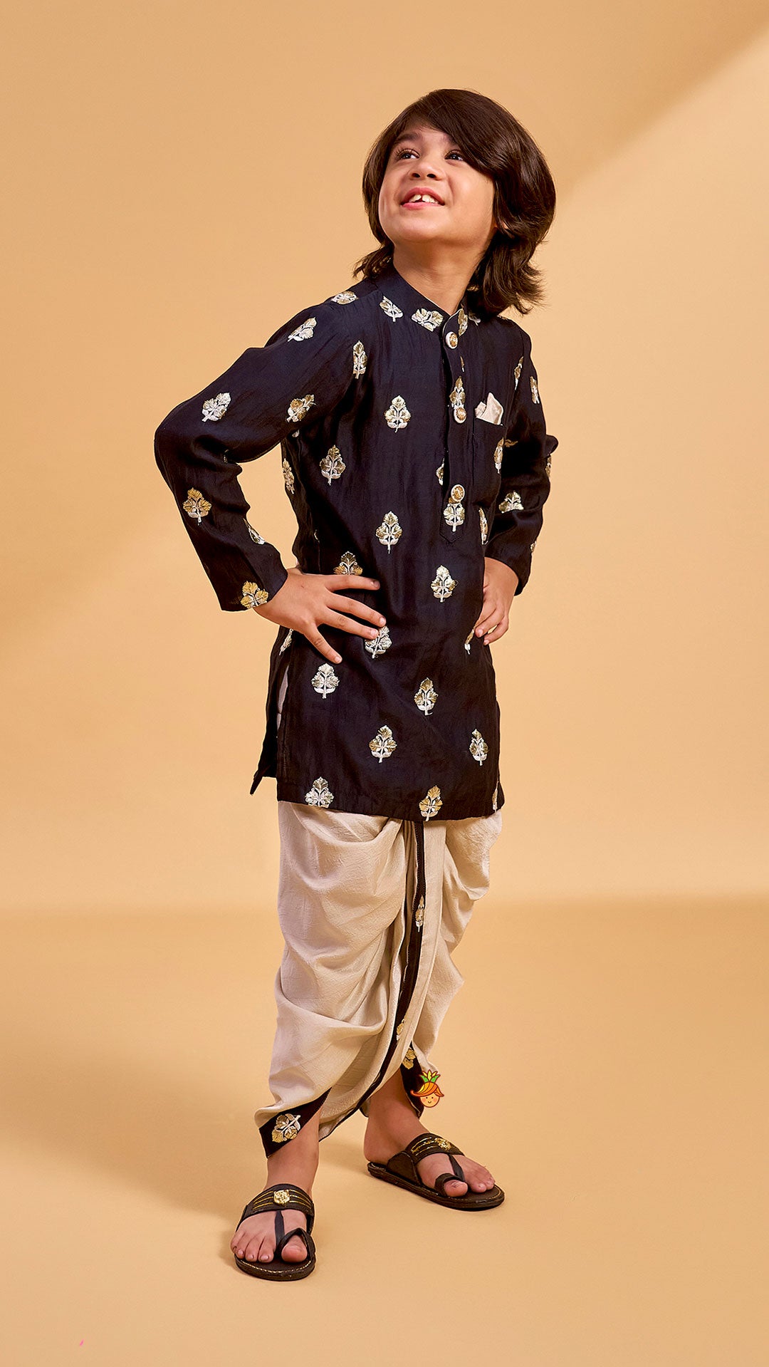 Pre Order: Embroidered Black Kurta And Beige Dhoti