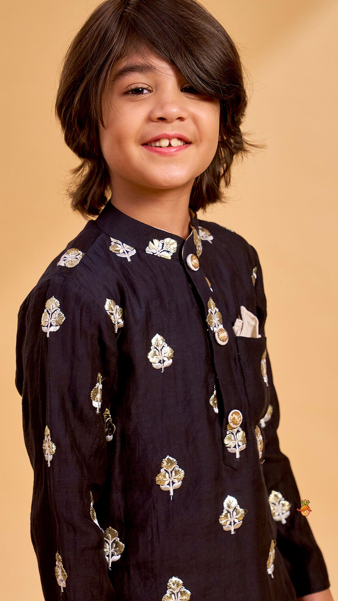 Pre Order: Embroidered Black Kurta And Beige Dhoti