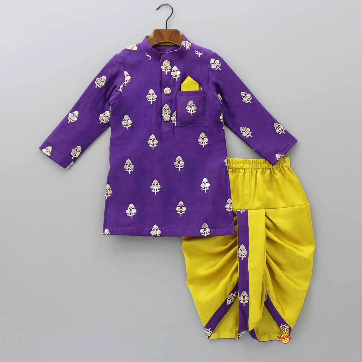 Pre Order: Embroidered Purple Kurta And Mustard Dhoti