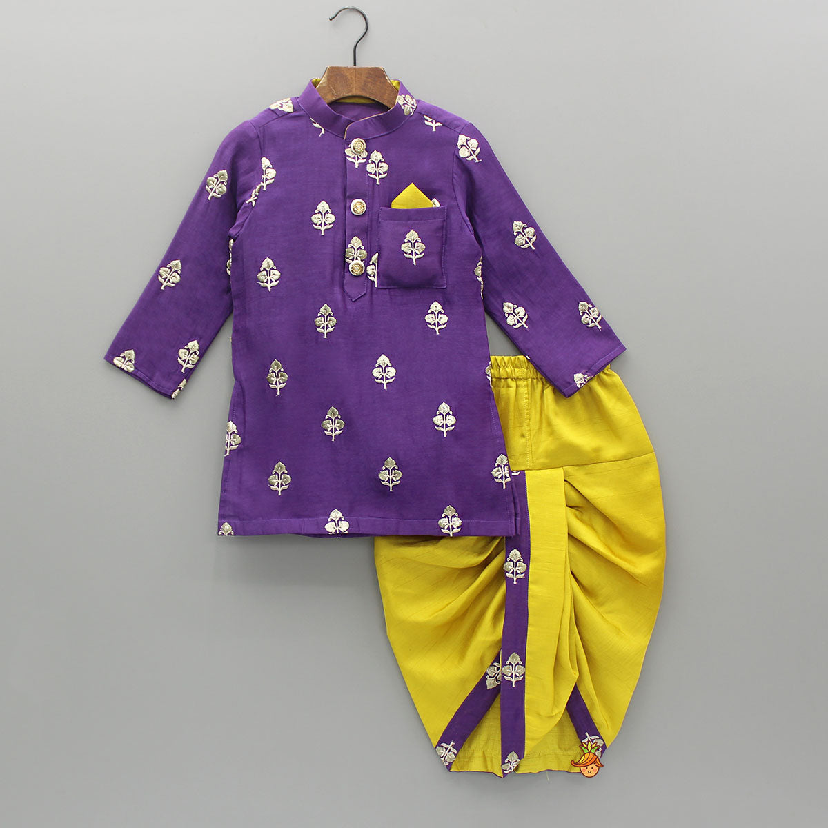 Pre Order: Embroidered Purple Kurta And Mustard Dhoti