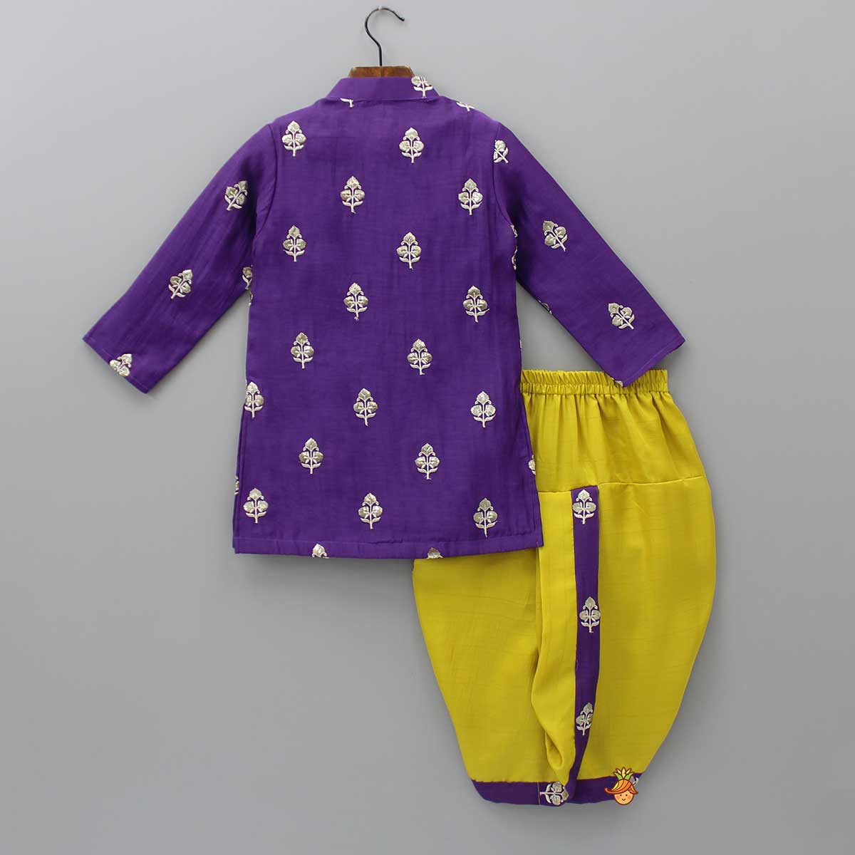 Pre Order: Embroidered Purple Kurta And Mustard Dhoti