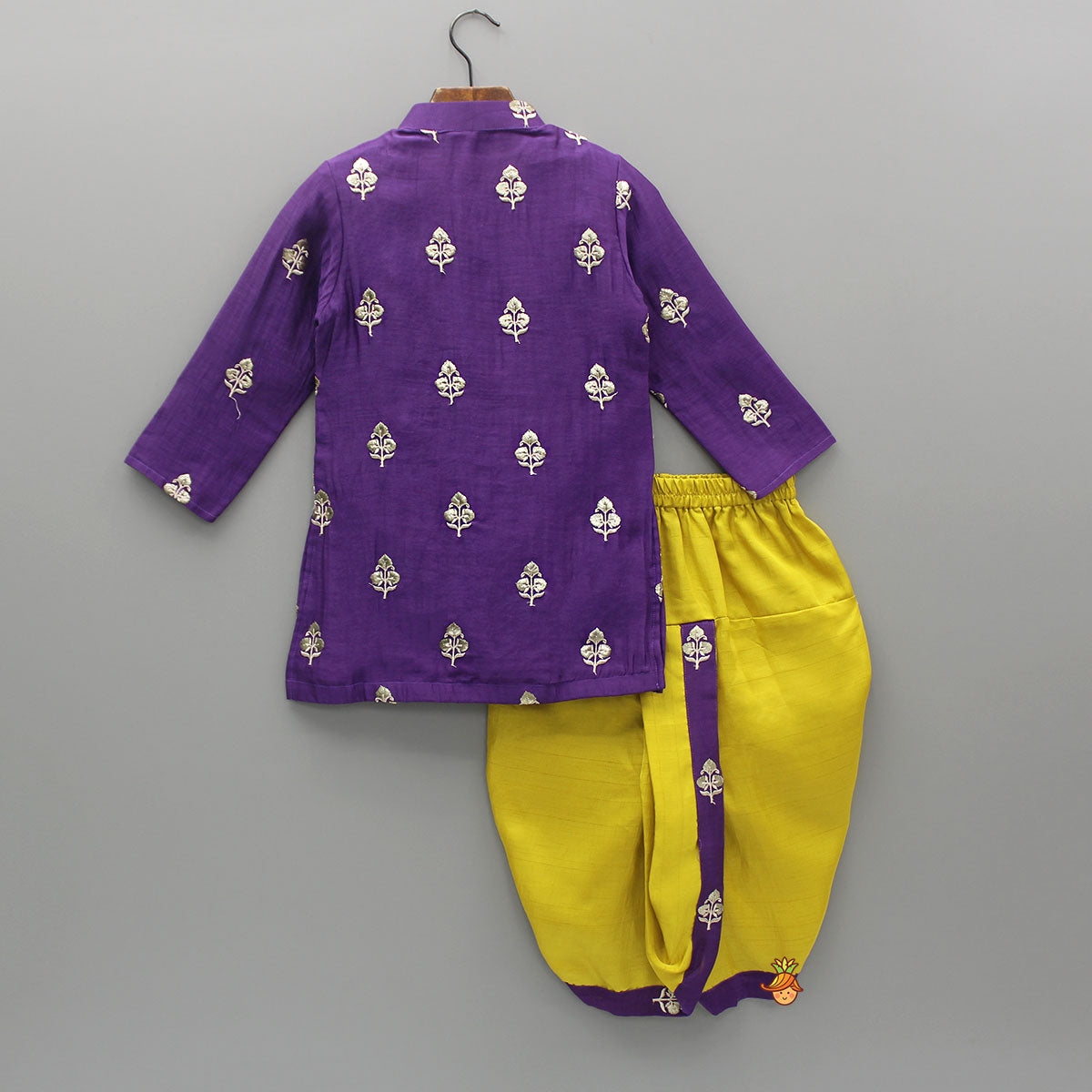 Pre Order: Embroidered Purple Kurta And Mustard Dhoti