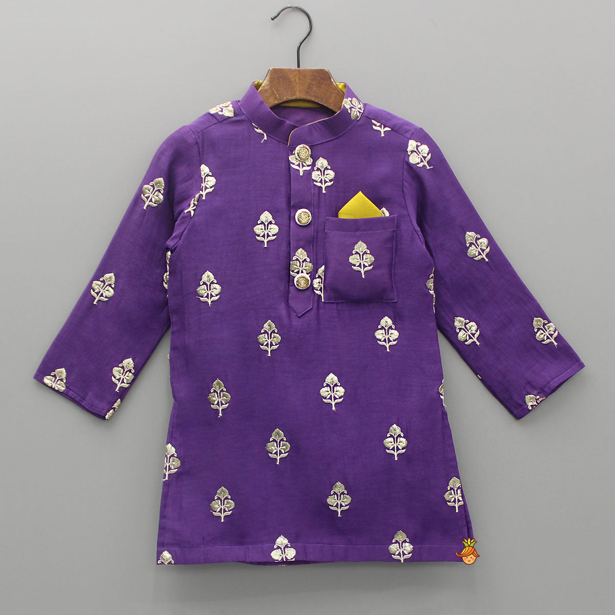 Pre Order: Embroidered Purple Kurta And Mustard Dhoti