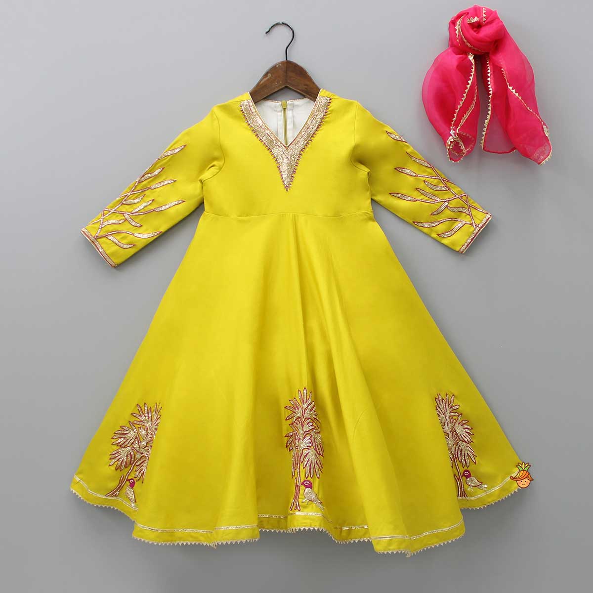 Pre Order: Mustard Embroidered Anarkali With Pink Dupatta