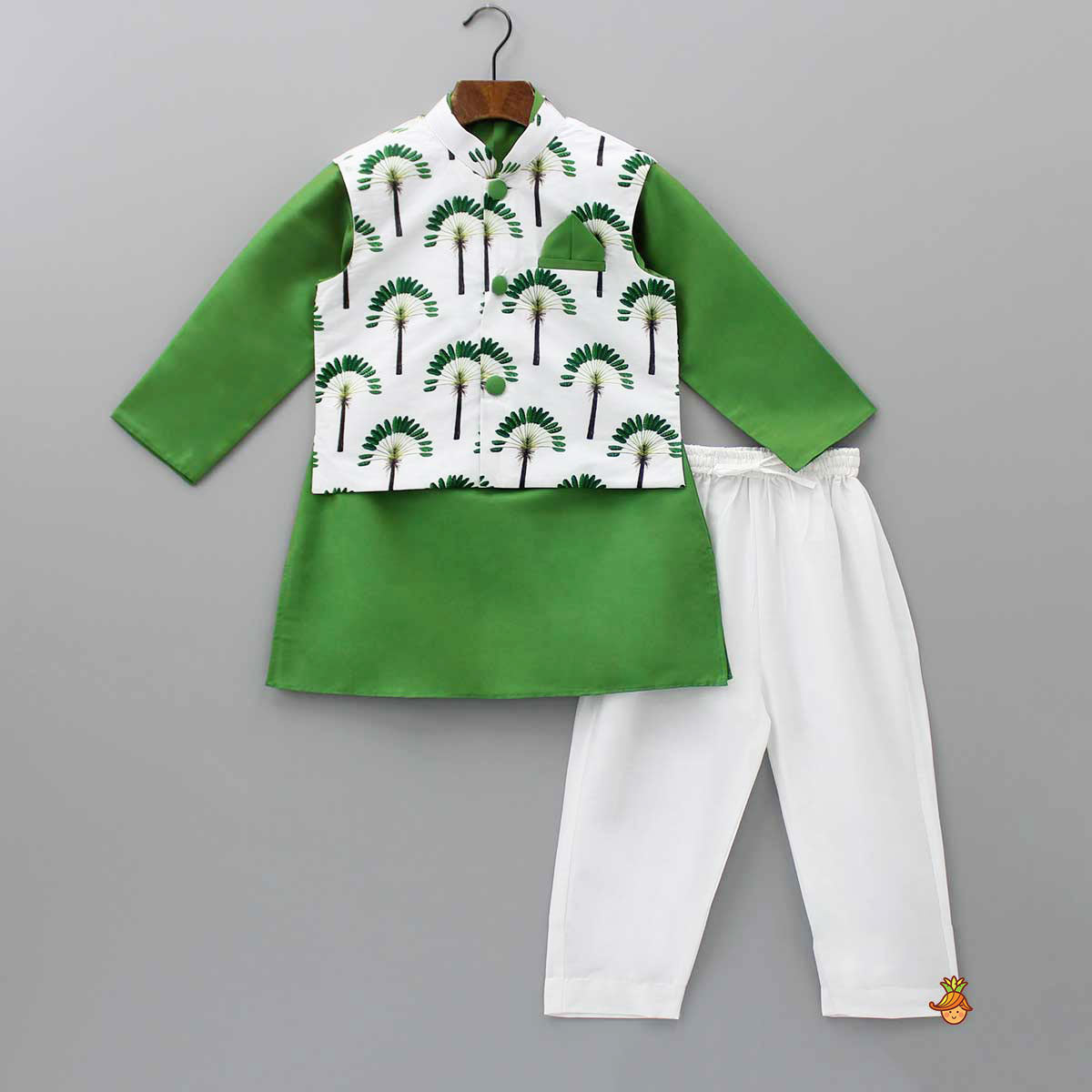 Pre Order: Green Kurta With Tree-Printed Jacket And Pyjama