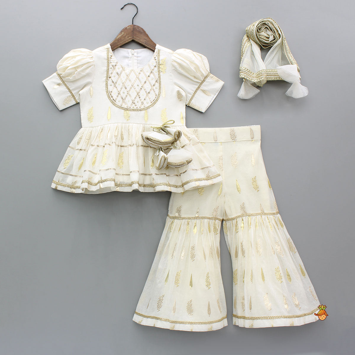 Pre Order: Chanderi Embroidered Ivory Top And Sharara With Net Dupatta