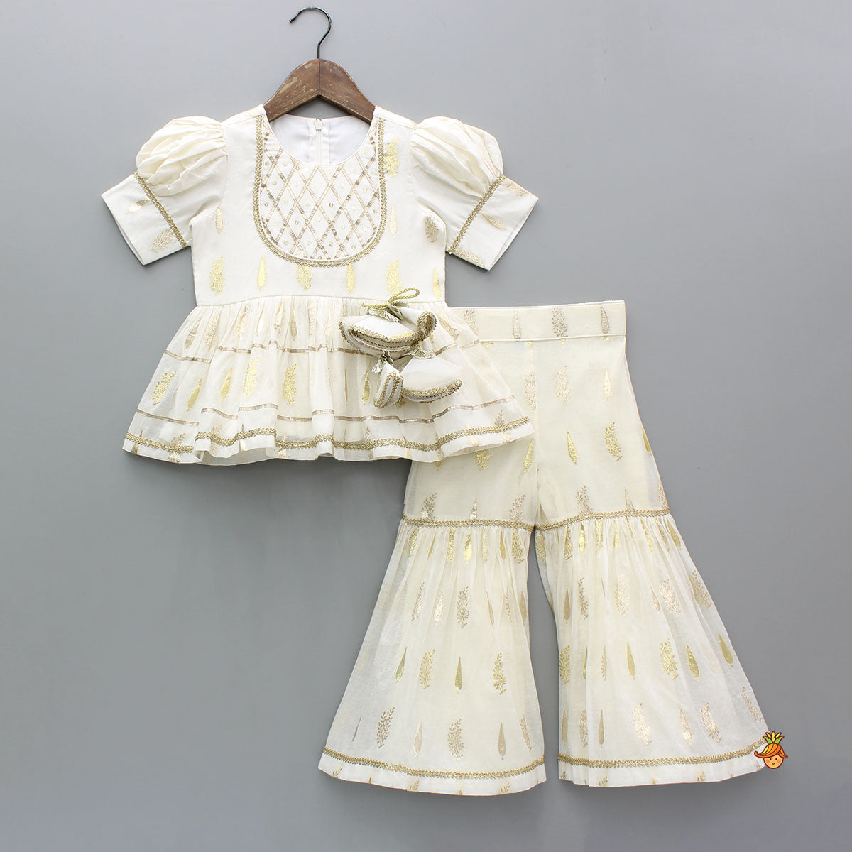 Pre Order: Chanderi Embroidered Ivory Top And Sharara With Net Dupatta