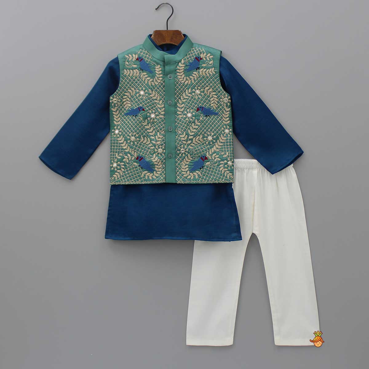 Pre Order: Blue Kurta With Bird Embroidered Green Jacket And Pyjama
