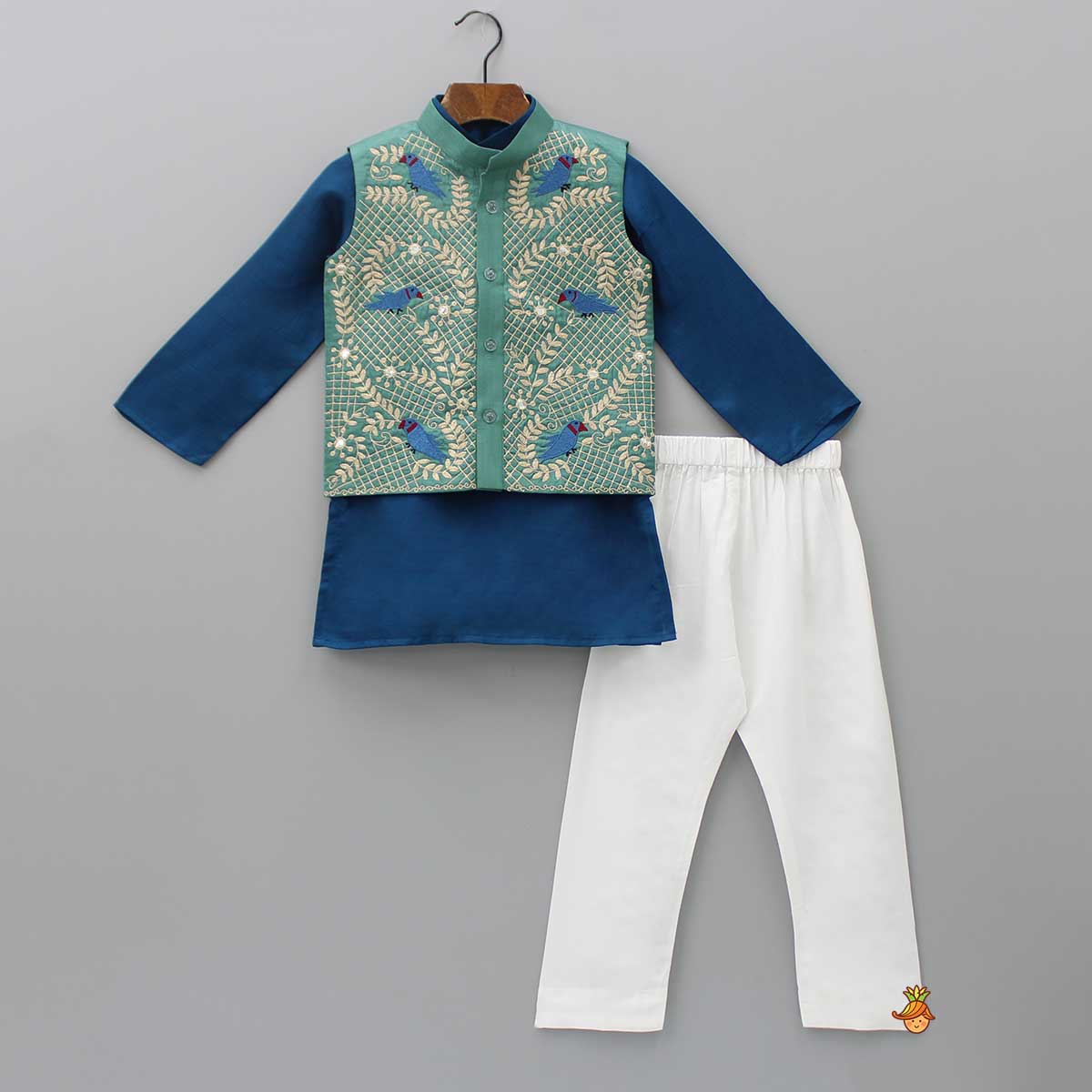 Pre Order: Blue Kurta With Bird Embroidered Green Jacket And Pyjama