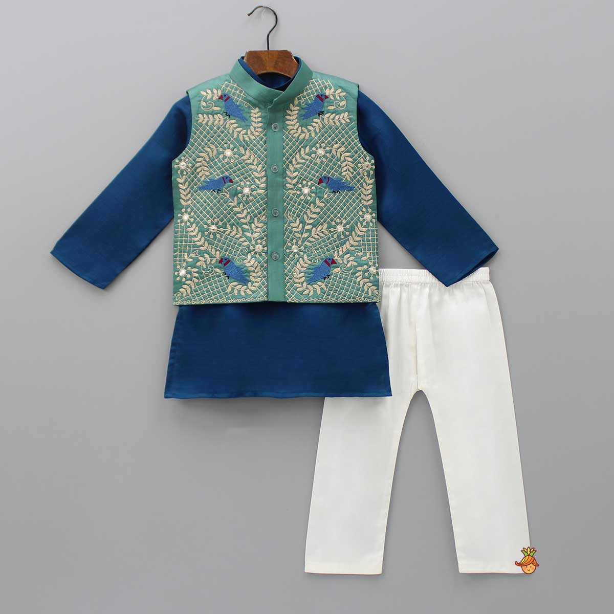 Pre Order: Blue Kurta With Bird Embroidered Green Jacket And Pyjama