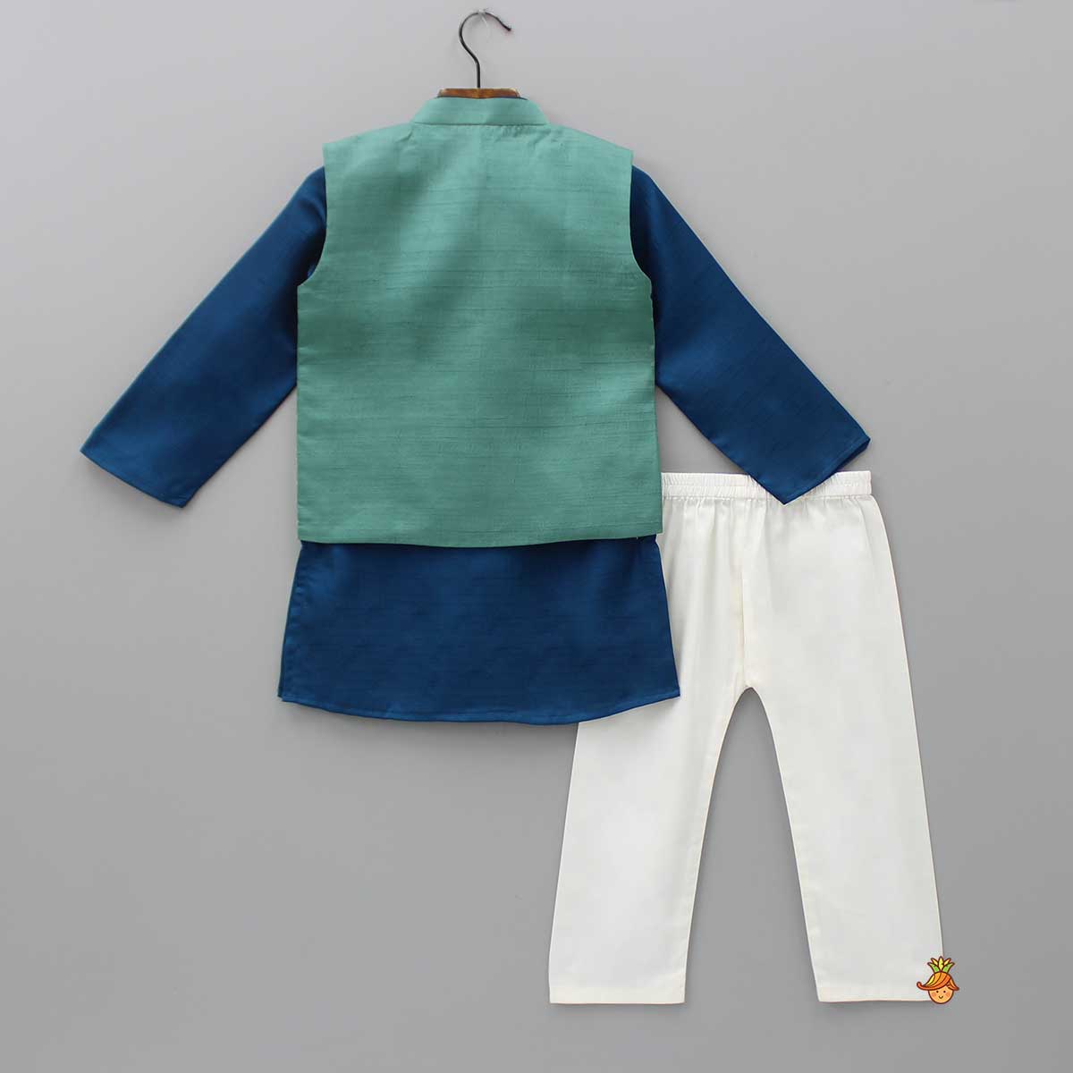 Pre Order: Blue Kurta With Bird Embroidered Green Jacket And Pyjama