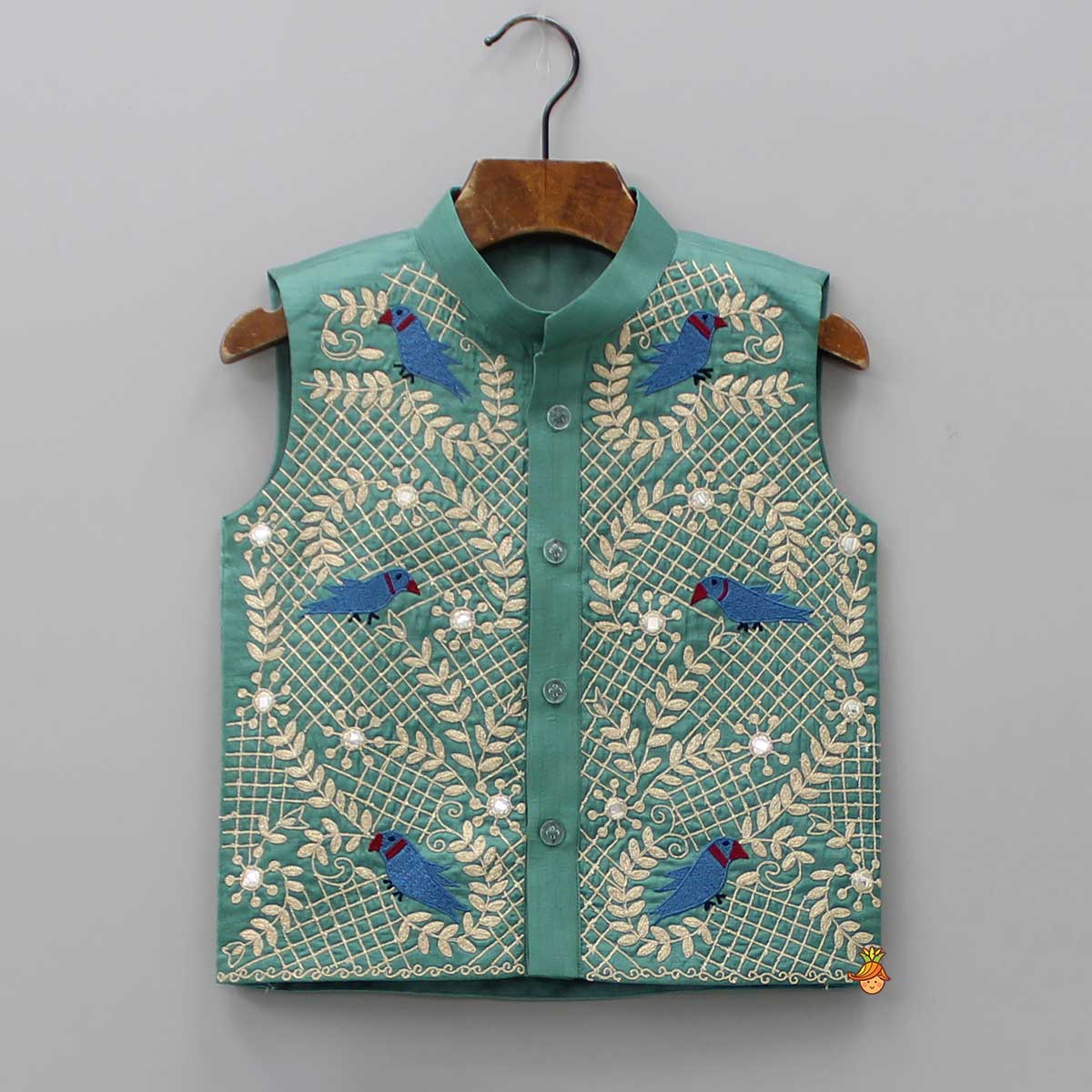 Pre Order: Blue Kurta With Bird Embroidered Green Jacket And Pyjama