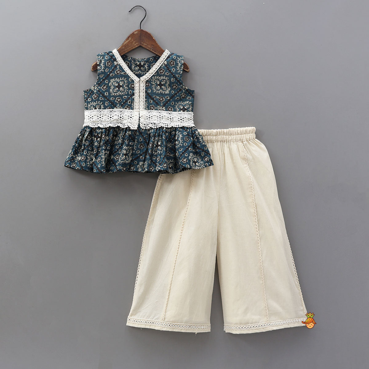 Pre Order: Lace Work Printed Top And Flared Palazzo