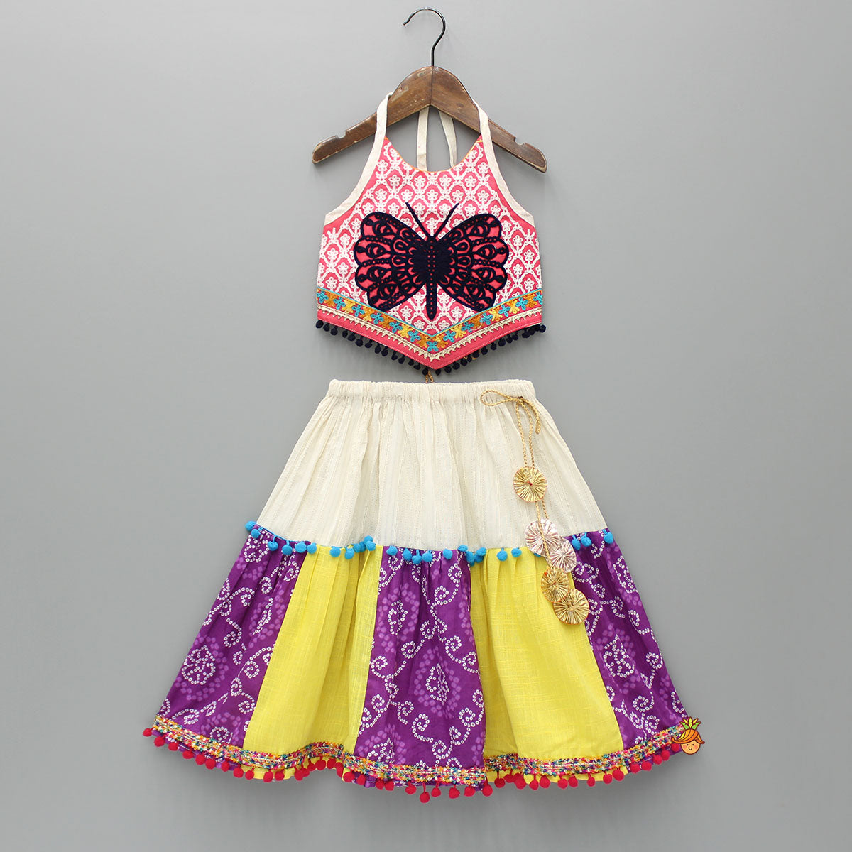 Butterfly Thread Embroidered Top And Multicolour Lehenga