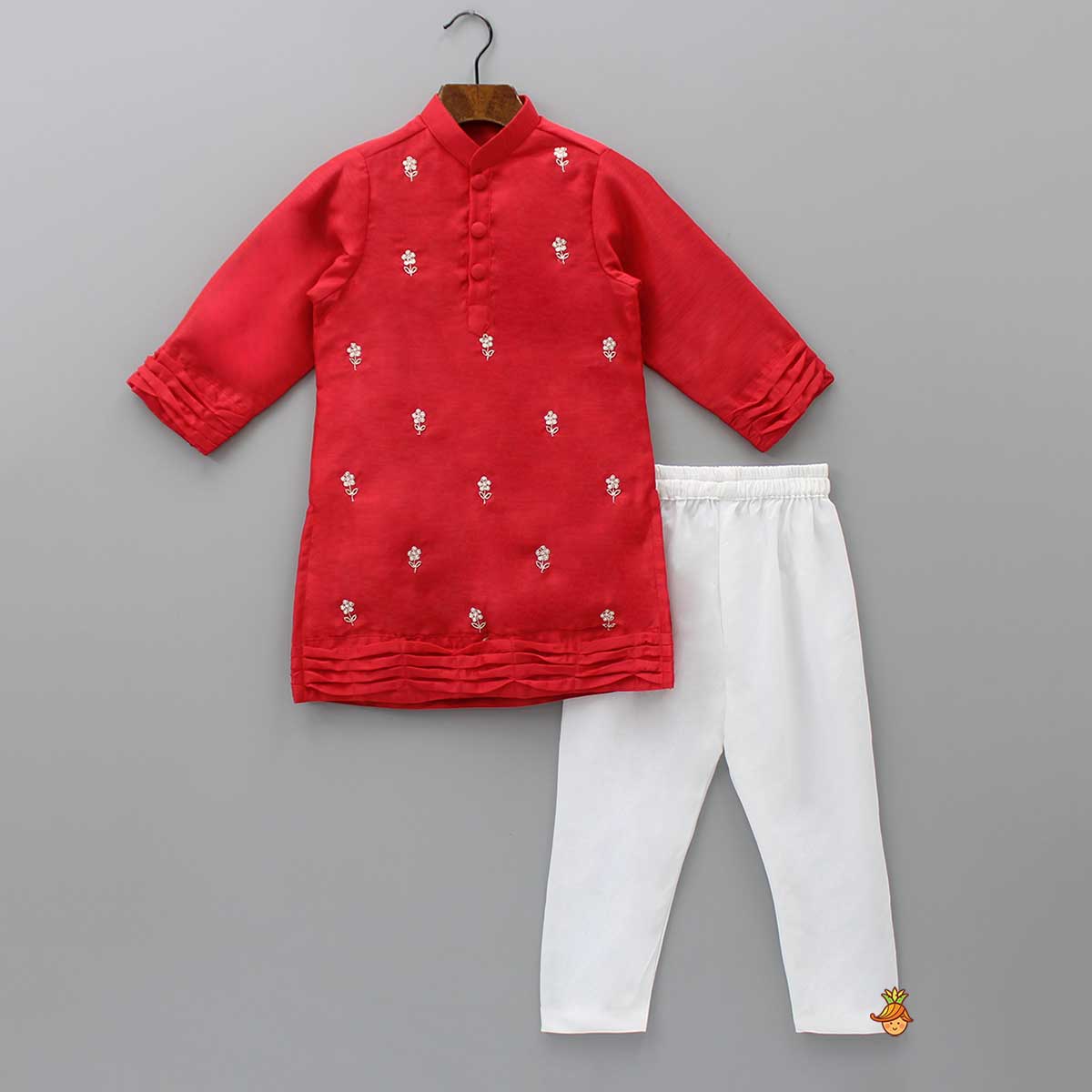 Pre Order: Chanderi Silk Red Kurta And Off White Pyjama
